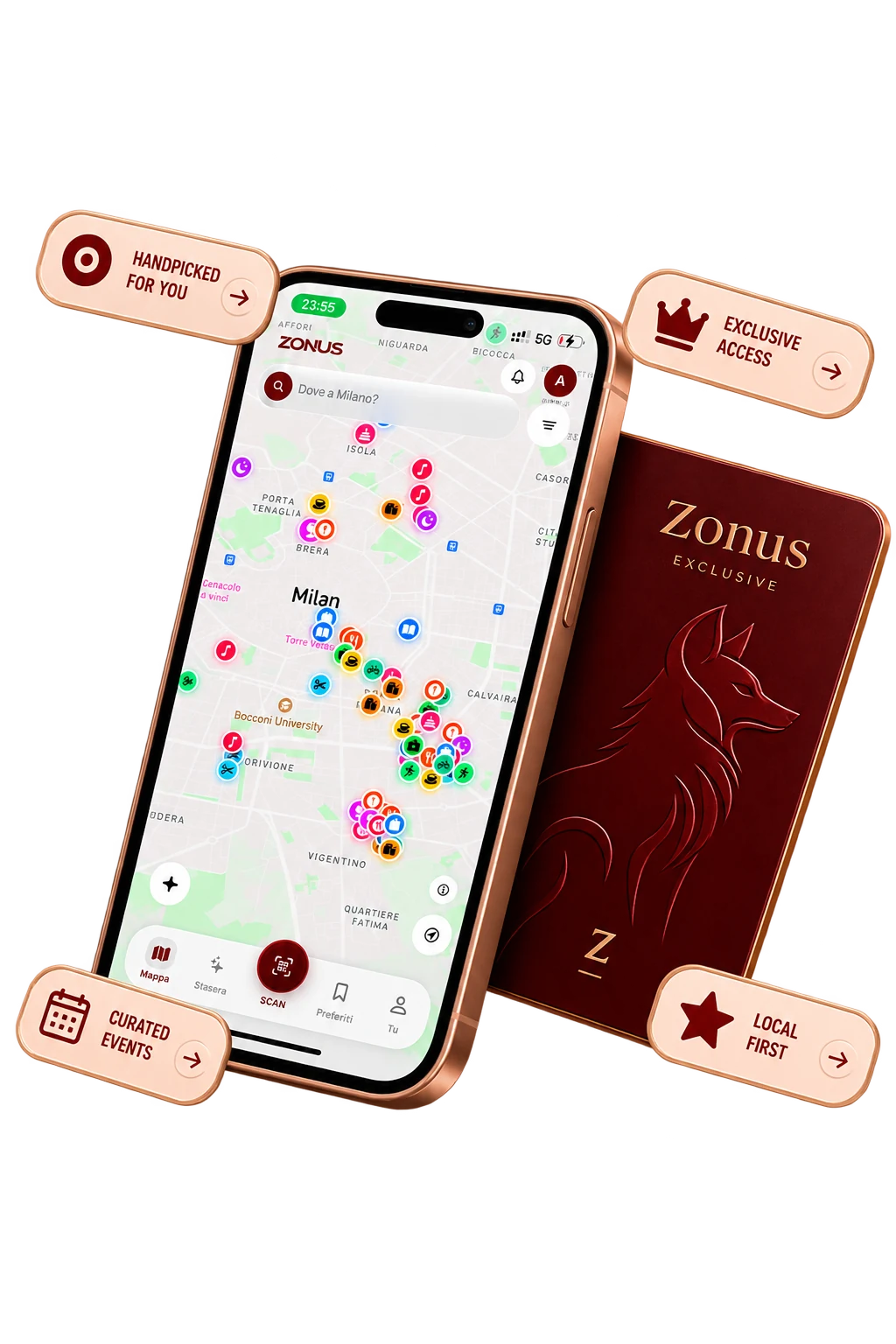 Zonus app map of Milan with the exclusive Z Card and member benefits